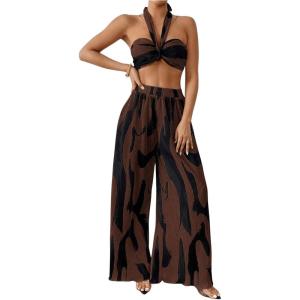 imageOYOANGLE Womens 2 Piece Outfits Graphic Print Knitted Crop Halter Top and Wide Leg Pants SetChocolate Brown