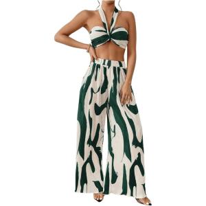 imageOYOANGLE Womens 2 Piece Outfits Graphic Print Knitted Crop Halter Top and Wide Leg Pants SetDark Green