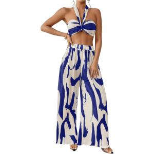 imageOYOANGLE Womens 2 Piece Outfits Graphic Print Knitted Crop Halter Top and Wide Leg Pants SetRoyal Blue