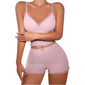imageOYOANGLE Womens 2 Piece Pajama Set Ribbed Knit V Neck Cami Crop Top and Shorts SleepwearDusty Pink