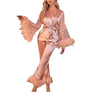 imageOYOANGLE Womens 2 Piece Pajama Set Satin Contrast Mesh Feather Trim Long Sleeve Belted Top and Pants Lounge SetsPink