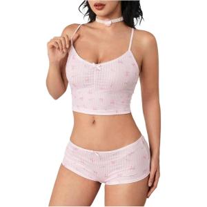 imageOYOANGLE Womens 2 Piece Pajama Sets Bow Graphic Print Cami Top and Low Waist Shorts Set SleepwearPink