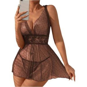 imageOYOANGLE Womens 2 Piece Polka Dots Lace Sheer Mesh V Neck Babydoll Teddy Lingerie SetBrown