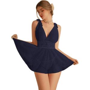 imageOYOANGLE Womens 2 Piece Polka Dots Lace Sheer Mesh V Neck Babydoll Teddy Lingerie SetDeep Blue