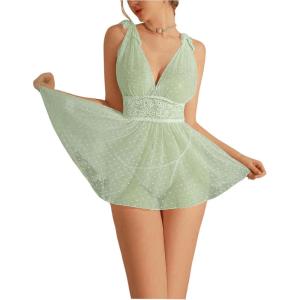 imageOYOANGLE Womens 2 Piece Polka Dots Lace Sheer Mesh V Neck Babydoll Teddy Lingerie SetGreen