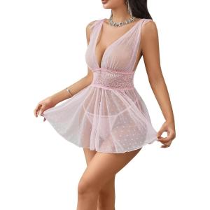 imageOYOANGLE Womens 2 Piece Polka Dots Lace Sheer Mesh V Neck Babydoll Teddy Lingerie SetPink