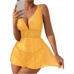 imageOYOANGLE Womens 2 Piece Polka Dots Lace Sheer Mesh V Neck Babydoll Teddy Lingerie SetYellow