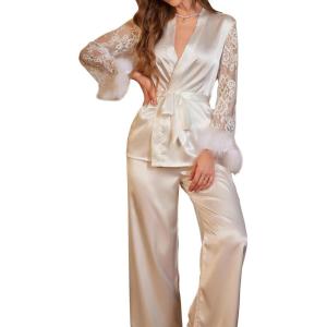 imageOYOANGLE Womens 2 Piece Satin Pajama Set Contrast Lace Fuzzy Long Sleeve Wrap Belted Top and Pants SleepwearWhite