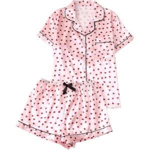 imageOYOANGLE Womens 2 Piece Satin Pajama Set Heart Print Button Down Short Sleeve Top and Shorts SleepwearPink