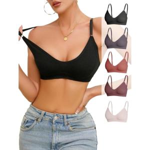 imageOYOANGLE Womens 5 Pieces Rib Knit Spaghetti Strap V Neck Wireless Bra Set Seamless Solid Plain No Padded BraletteBeige Black