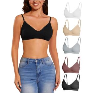 imageOYOANGLE Womens 5 Pieces Rib Knit Spaghetti Strap V Neck Wireless Bra Set Seamless Solid Plain No Padded BraletteBlack White