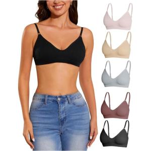 imageOYOANGLE Womens 5 Pieces Rib Knit Spaghetti Strap V Neck Wireless Bra Set Seamless Solid Plain No Padded BraletteMulticolor