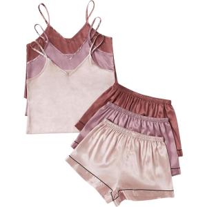 imageOYOANGLE Womens 6 Pieces Silk Satin Pajama Set Cami Top and Shorts Pjs Set Silky NightwearMulticolor