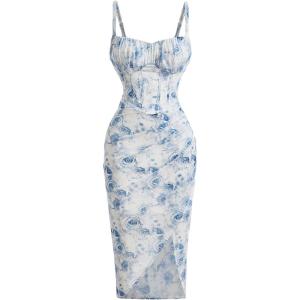 imageOYOANGLE Womens All Over Floral Print Spaghetti Straps Ruched Bust Wrapped Hem Midi Bodycon DressesBlue
