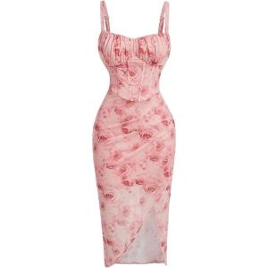 imageOYOANGLE Womens All Over Floral Print Spaghetti Straps Ruched Bust Wrapped Hem Midi Bodycon DressesPink