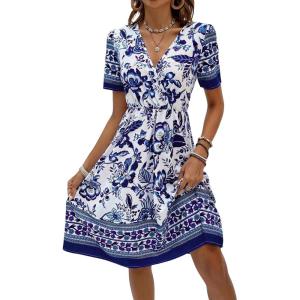 imageOYOANGLE Womens Boho Floral Print Short Sleeve Dress Wrap V Neck High Waist A Line Summer DressesBlue