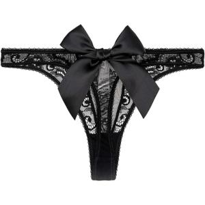 imageOYOANGLE Womens Bow Sheer VStrings Low Rise Thong Panties UnderwearBlack