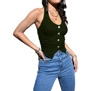 imageOYOANGLE Womens Button Front Denim Jacket Vest Sleeveless Vintage Halter Jean Crop Tank TopArmy Green