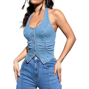 imageOYOANGLE Womens Button Front Denim Jacket Vest Sleeveless Vintage Halter Jean Crop Tank TopLight Wash