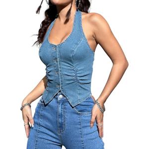 imageOYOANGLE Womens Button Front Denim Jacket Vest Sleeveless Vintage Halter Jean Crop Tank TopMedium Wash