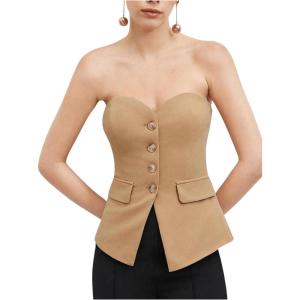 imageOYOANGLE Womens Button Front Split Hem Strapless Tube Top Elegant Workwear Tank TopsKhaki