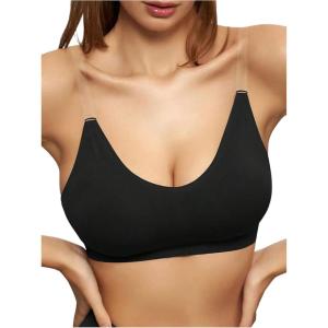 imageOYOANGLE Womens Clear Strap Invisible Seamless Bra Wireless Dance Bra Backless Non Padded BraletteBlack