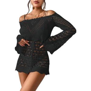 imageOYOANGLE Womens Crochet Hollow Out Long Sleeve Off Shoulder Beach Dress See Through Cover Up SwimwearBlack