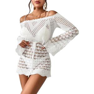 imageOYOANGLE Womens Crochet Hollow Out Long Sleeve Off Shoulder Beach Dress See Through Cover Up SwimwearWhite