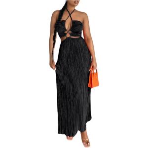 imageOYOANGLE Womens Cut Out Front Criss Cross Halter Dress Tie Backless Pleated Formal Maxi DressesBlack