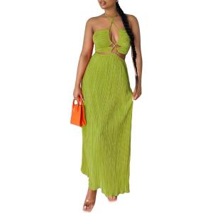 imageOYOANGLE Womens Cut Out Front Criss Cross Halter Dress Tie Backless Pleated Formal Maxi DressesGreen