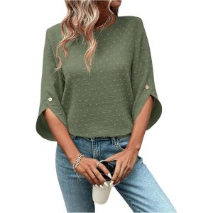 imageOYOANGLE Womens Dressy Casual Tops Swiss Dots Short Sleeve Chiffon Blouse Summer Work ShirtsArmy Green