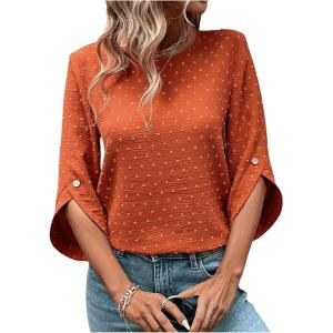 imageOYOANGLE Womens Dressy Casual Tops Swiss Dots Short Sleeve Chiffon Blouse Summer Work ShirtsOrange