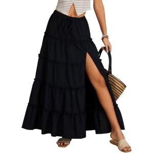 imageOYOANGLE Womens Elastic Waist Tie Front Tiered Ruffle Hem Long Maxi Skirt Y2K Split Thigh Flowy SkirtsBlack