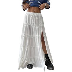 imageOYOANGLE Womens Elastic Waist Tie Front Tiered Ruffle Hem Long Maxi Skirt Y2K Split Thigh Flowy SkirtsWhite