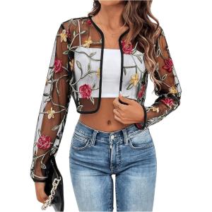 imageOYOANGLE Womens Floral Embroidered Open Front Crop Jackets Long Sleeve Mesh Summer Cardigan TopsBlack