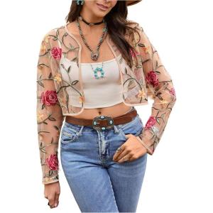 imageOYOANGLE Womens Floral Embroidered Open Front Crop Jackets Long Sleeve Mesh Summer Cardigan TopsKhaki