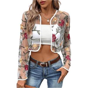imageOYOANGLE Womens Floral Embroidered Open Front Crop Jackets Long Sleeve Mesh Summer Cardigan TopsWhite