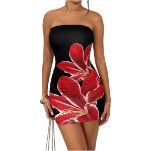 imageOYOANGLE Womens Floral Print Bodycon Tube Mini Dress Backless Slim Fit Strapless Bandeau Short DressesBlack and Red