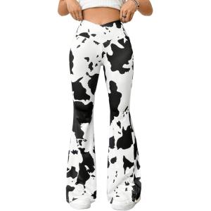 imageOYOANGLE Womens Floral Print High Waist Yoga Pants Wide Leg Pants Bell Bottom TrousersBlack White Printed