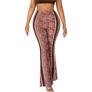 imageOYOANGLE Womens Floral Print High Waist Yoga Pants Wide Leg Pants Bell Bottom TrousersBrown Print