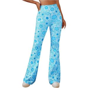 imageOYOANGLE Womens Floral Print High Waist Yoga Pants Wide Leg Pants Bell Bottom TrousersFloral Print Blue