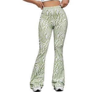 imageOYOANGLE Womens Floral Print High Waist Yoga Pants Wide Leg Pants Bell Bottom TrousersGreen and White