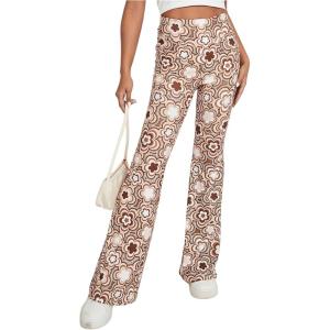 imageOYOANGLE Womens Floral Print High Waist Yoga Pants Wide Leg Pants Bell Bottom TrousersLight Brown