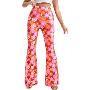 imageOYOANGLE Womens Floral Print High Waist Yoga Pants Wide Leg Pants Bell Bottom TrousersOrange and Pink