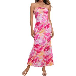 imageOYOANGLE Womens Floral Print Sleeveless Strapless Draped Backless Bodycon Summer Maxi Tube DressHot Pink