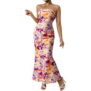imageOYOANGLE Womens Floral Print Sleeveless Strapless Draped Backless Bodycon Summer Maxi Tube DressPurple