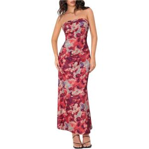 imageOYOANGLE Womens Floral Print Sleeveless Strapless Draped Backless Bodycon Summer Maxi Tube DressRed