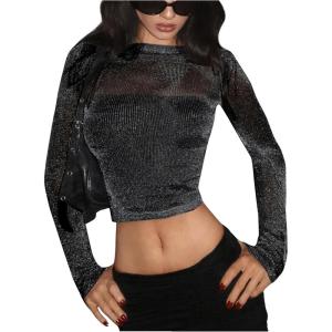imageOYOANGLE Womens Glitter Mesh Sheer Long Sleeve Tee Shirt Slim Fitted Party Rave TopsBlack