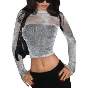 imageOYOANGLE Womens Glitter Mesh Sheer Long Sleeve Tee Shirt Slim Fitted Party Rave TopsSilver