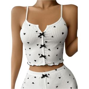 imageOYOANGLE Womens Heart Print Ribbed Knit Cami Pajama Tops Bowknot Criss Cross Camisole Crop Tops NightwearBlack and White